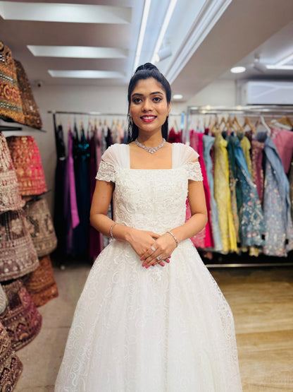"Whispering Bloom Embroidered Ball Gown with Draped Straps White Gown" Product code-2004