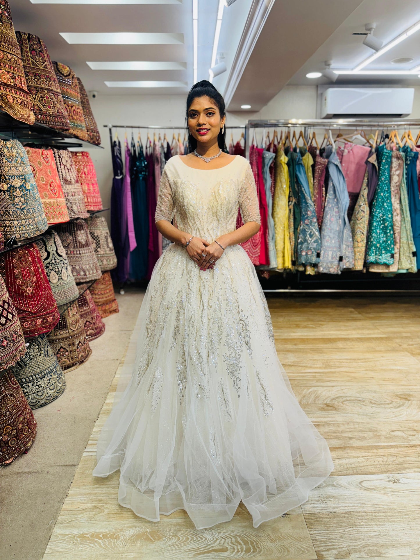 "White Beaded Tulle Ball Gown Wedding Dress with Short Illusion Sleeves & Sequin Detail-White Gown" Product code-2015