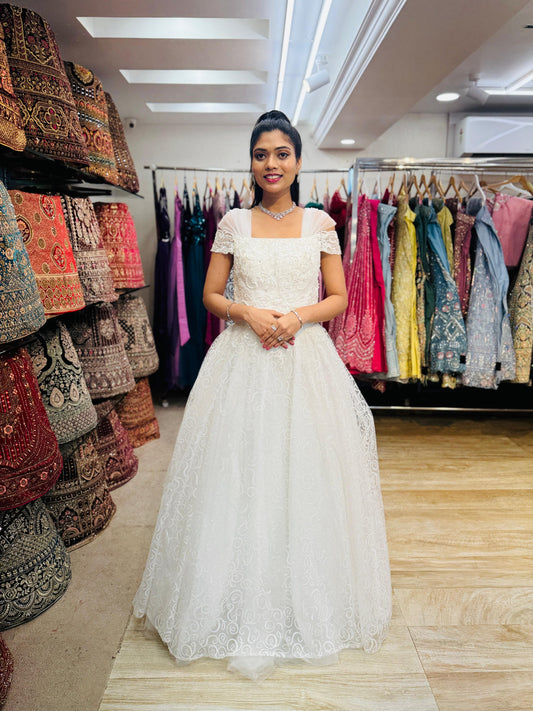 "Whispering Bloom Embroidered Ball Gown with Draped Straps White Gown" Product code-2004
