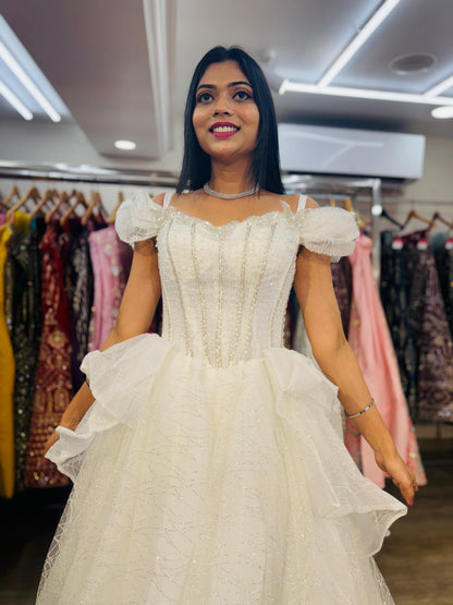 "Ethereal Pearl Off-Shoulder Ball Gown-White Gown" Product code-2093