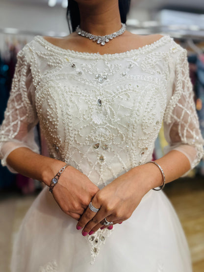 “Imperial Grace Bridal Gown – Embroidered Lace & Illusion Sleeves-White Gown” Product code-2005