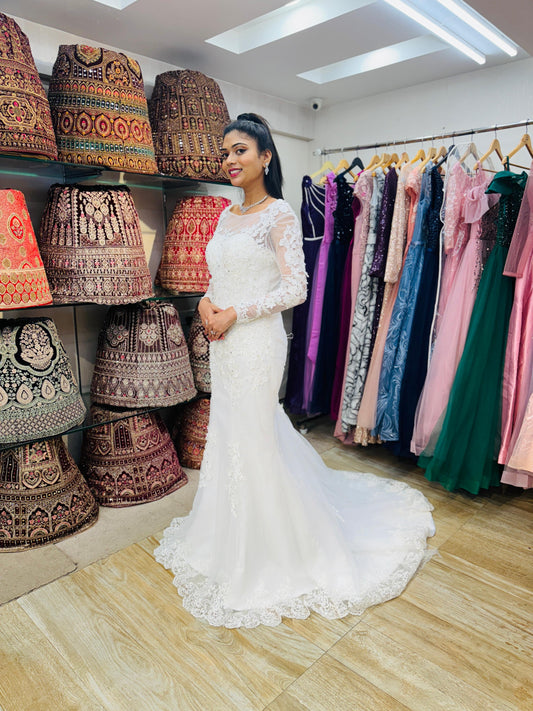 "Luxury Lace Wedding Dress – Full-Length Train, Sheer Detailing & Classic Silhouette-White Gown" Product code-2017