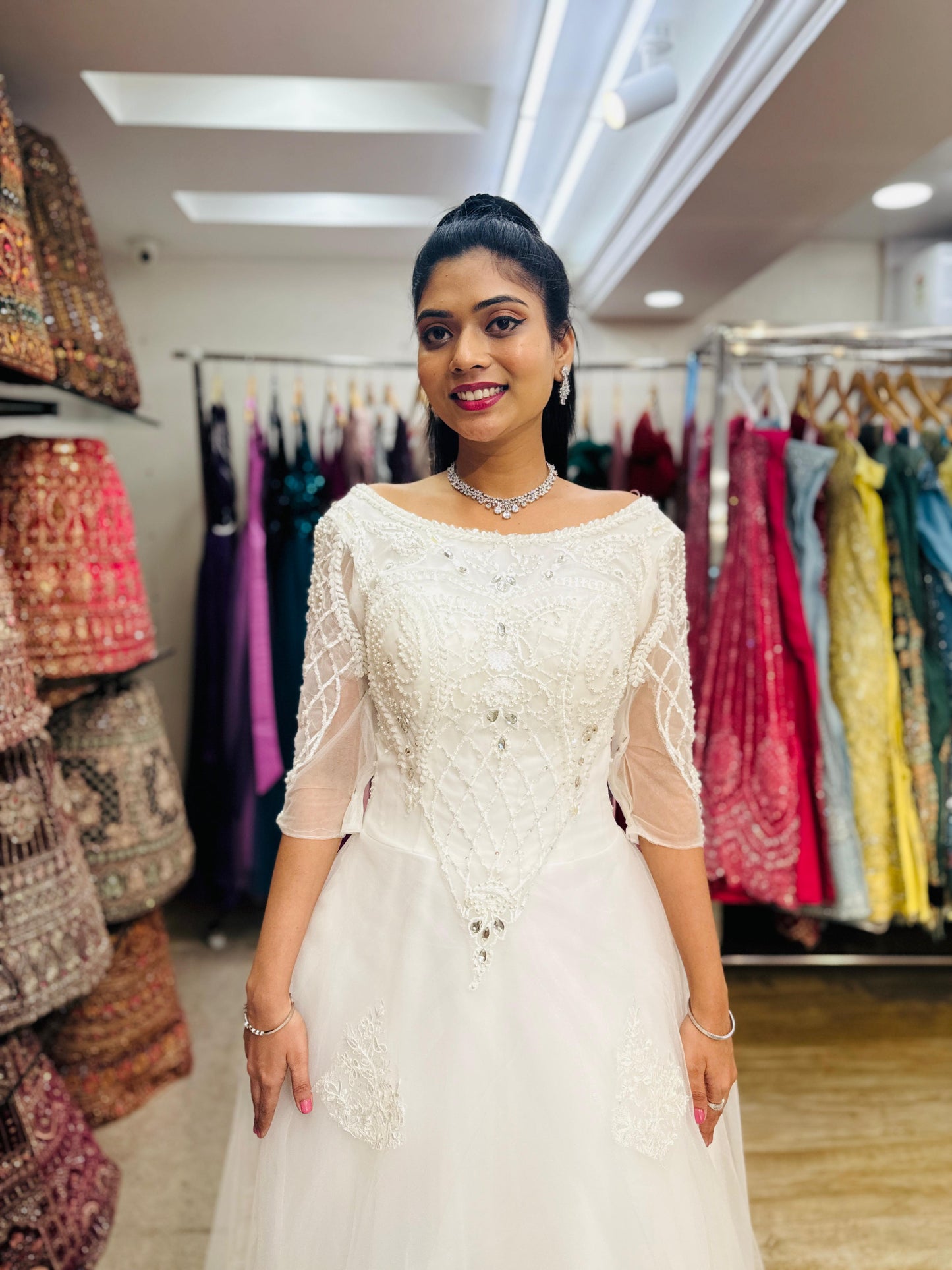 “Imperial Grace Bridal Gown – Embroidered Lace & Illusion Sleeves-White Gown” Product code-2005