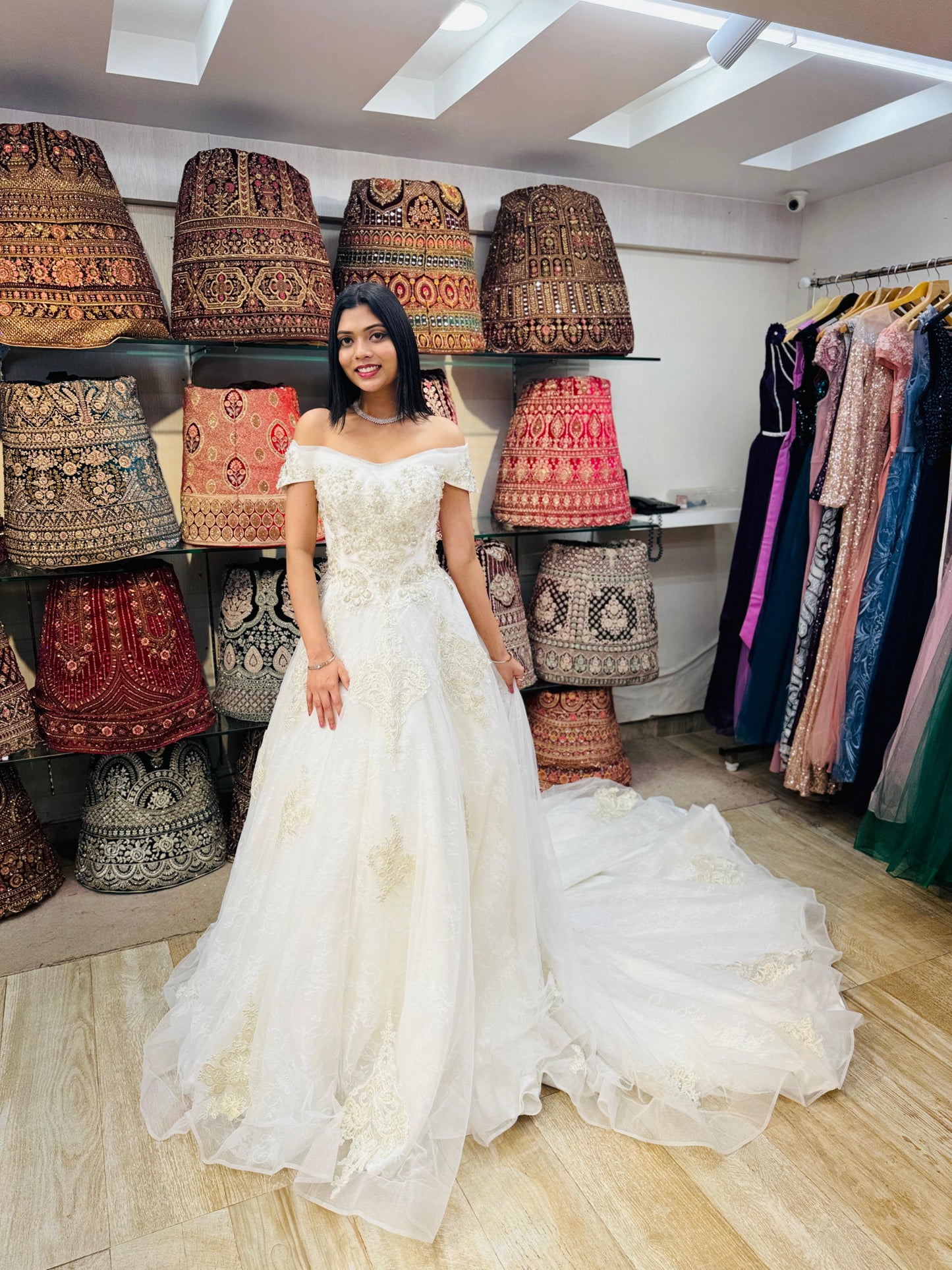 “Evelyn Royal Ball Gown Bridal Dress with Intricate Lace Detailing and Long Train-White Gown” Product code-2090
