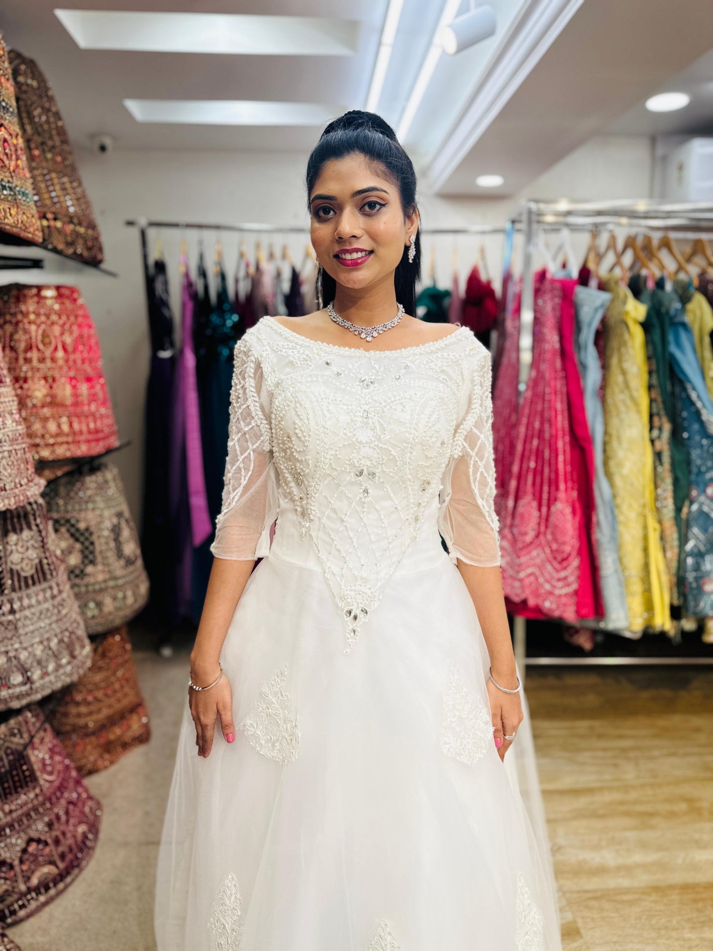 “Imperial Grace Bridal Gown – Embroidered Lace & Illusion Sleeves-White Gown” Product code-2005
