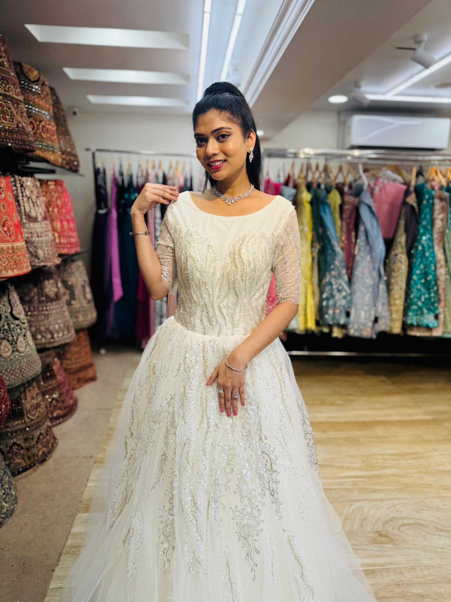 "White Beaded Tulle Ball Gown Wedding Dress with Short Illusion Sleeves & Sequin Detail-White Gown" Product code-2015