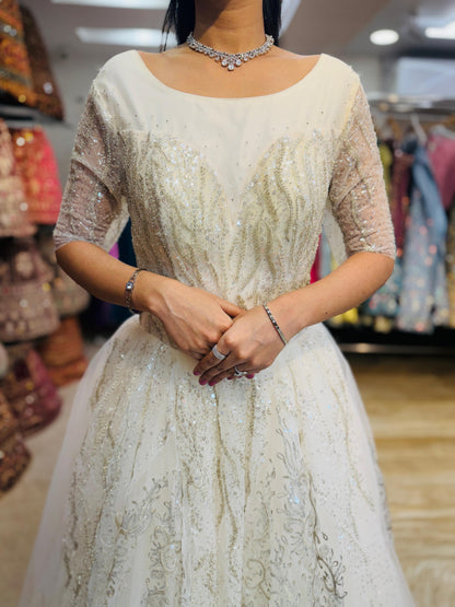 "White Beaded Tulle Ball Gown Wedding Dress with Short Illusion Sleeves & Sequin Detail-White Gown" Product code-2015