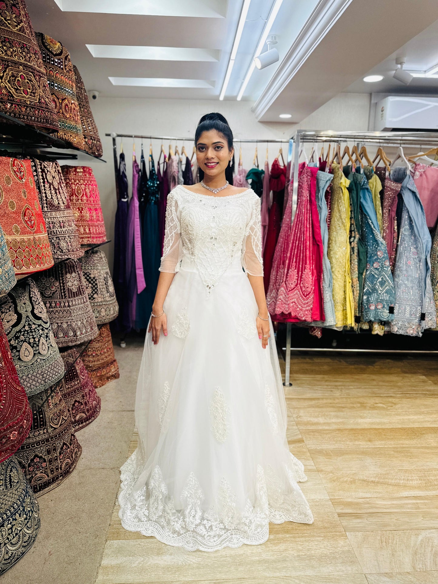 “Imperial Grace Bridal Gown – Embroidered Lace & Illusion Sleeves-White Gown” Product code-2005