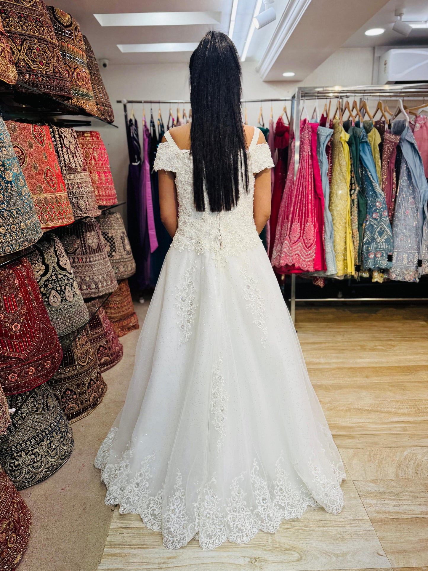 "Romantic Off-Shoulder Lace Bridal Gown with Elegant A-Line Design and Delicate Beading White Gown" Product code-2011