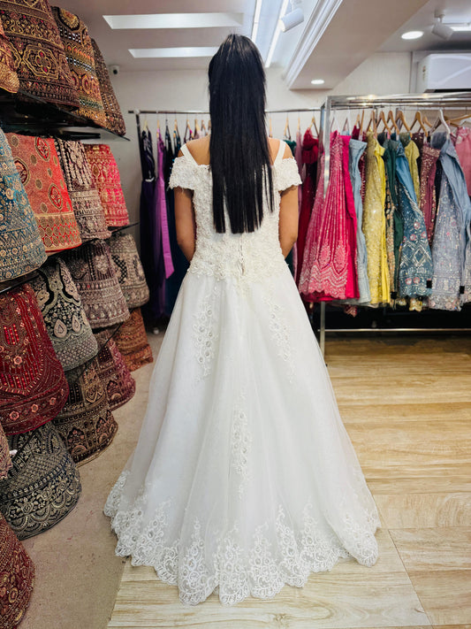 "Romantic Off-Shoulder Lace Bridal Gown with Elegant A-Line Design and Delicate Beading White Gown" Product code-2011