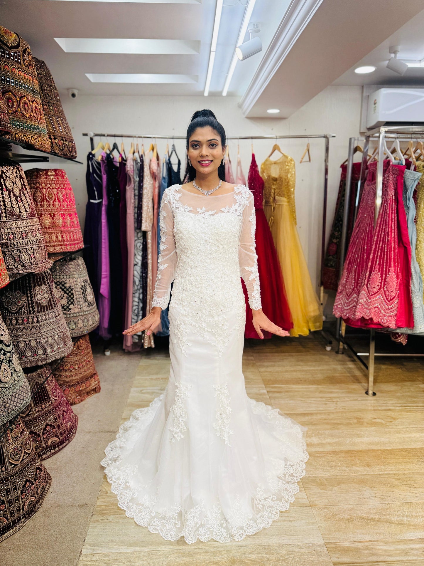"Luxury Lace Wedding Dress – Full-Length Train, Sheer Detailing & Classic Silhouette-White Gown" Product code-2017