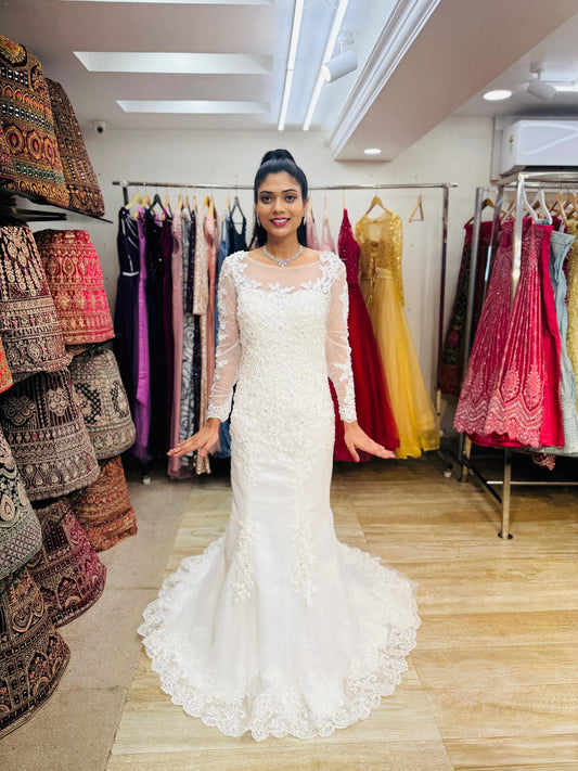 "Luxury Lace Wedding Dress – Full-Length Train, Sheer Detailing & Classic Silhouette-White Gown" Product code-2017