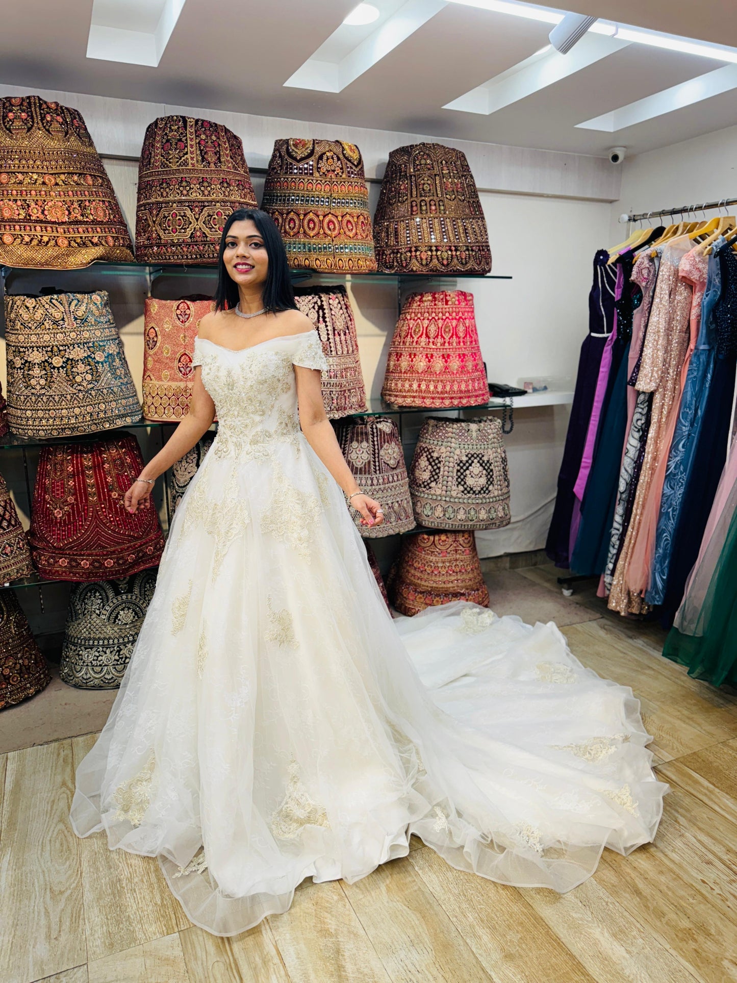 “Evelyn Royal Ball Gown Bridal Dress with Intricate Lace Detailing and Long Train-White Gown” Product code-2090