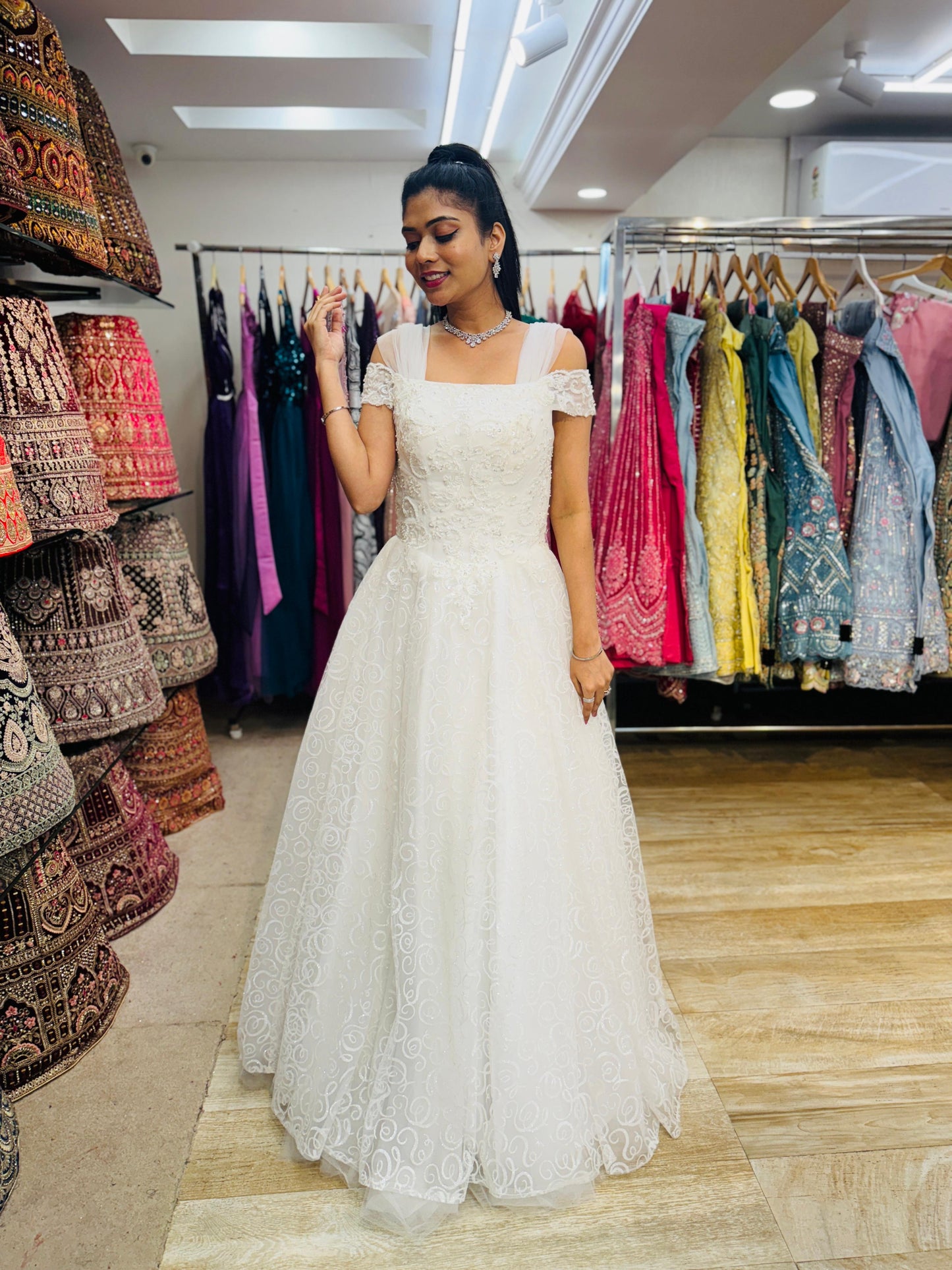 "Whispering Bloom Embroidered Ball Gown with Draped Straps White Gown" Product code-2004