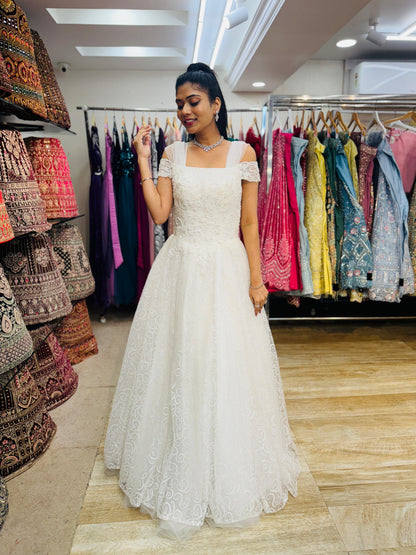 "Whispering Bloom Embroidered Ball Gown with Draped Straps White Gown" Product code-2004
