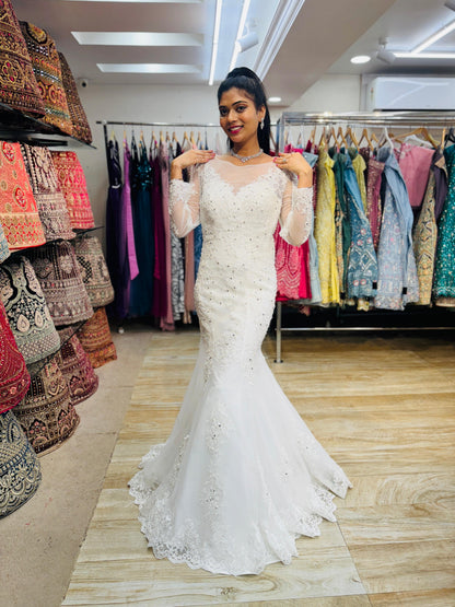 "Isabella Illusion Neck Mermaid Wedding Gown with Lace Appliqués & Beaded Embellishments-White Gown" Product code-2014
