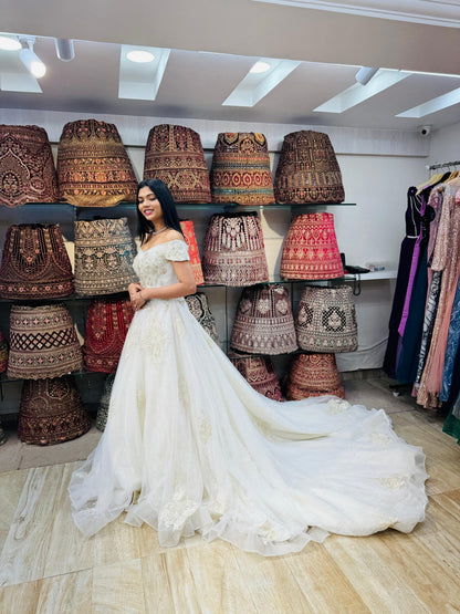 “Evelyn Royal Ball Gown Bridal Dress with Intricate Lace Detailing and Long Train-White Gown” Product code-2090