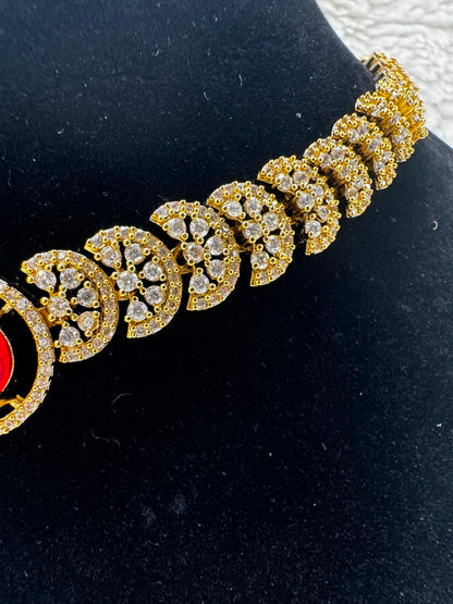 Gold Plated Ruby Red Stone Choker set with AD stones-7455