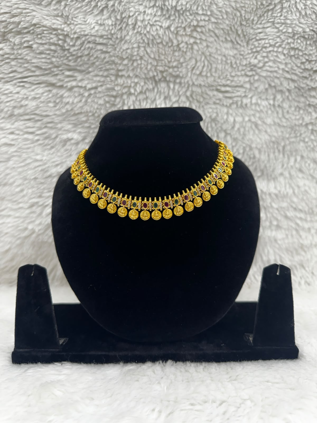 Traditional Gold-Tone Coin Necklace & Earrings Set – Red & Green Stone Design- 7489