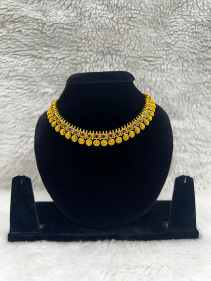 Traditional Gold-Tone Coin Necklace & Earrings Set – Red & Green Stone Design- 7489