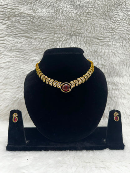 Gold Plated Ruby Red Stone Choker set with AD stones-7455