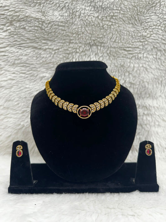 Gold Plated Ruby Red Stone Choker set with AD stones-7455