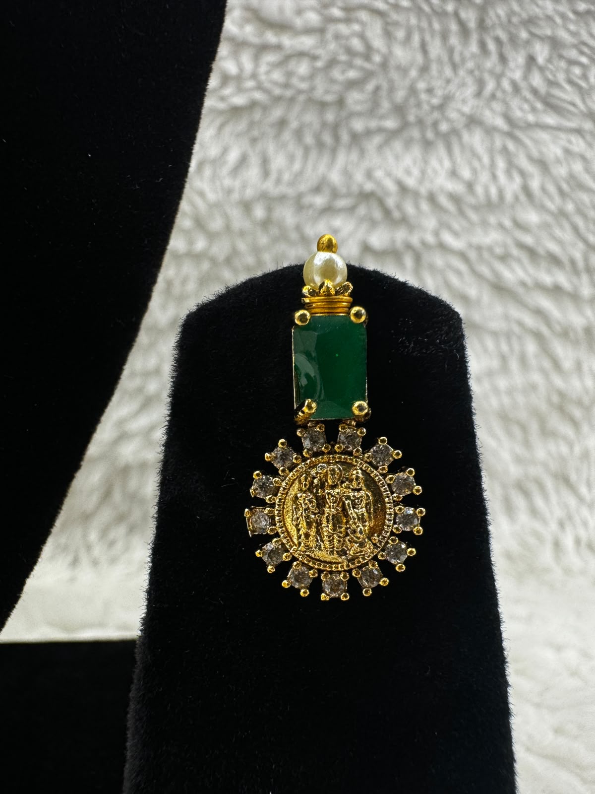 Traditional Gold-Tone Green & Pink Stone Necklace Set with Coin Pendant Details- 7487