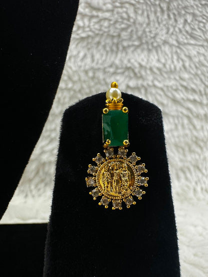 Traditional Gold-Tone Green & Pink Stone Necklace Set with Coin Pendant Details- 7487