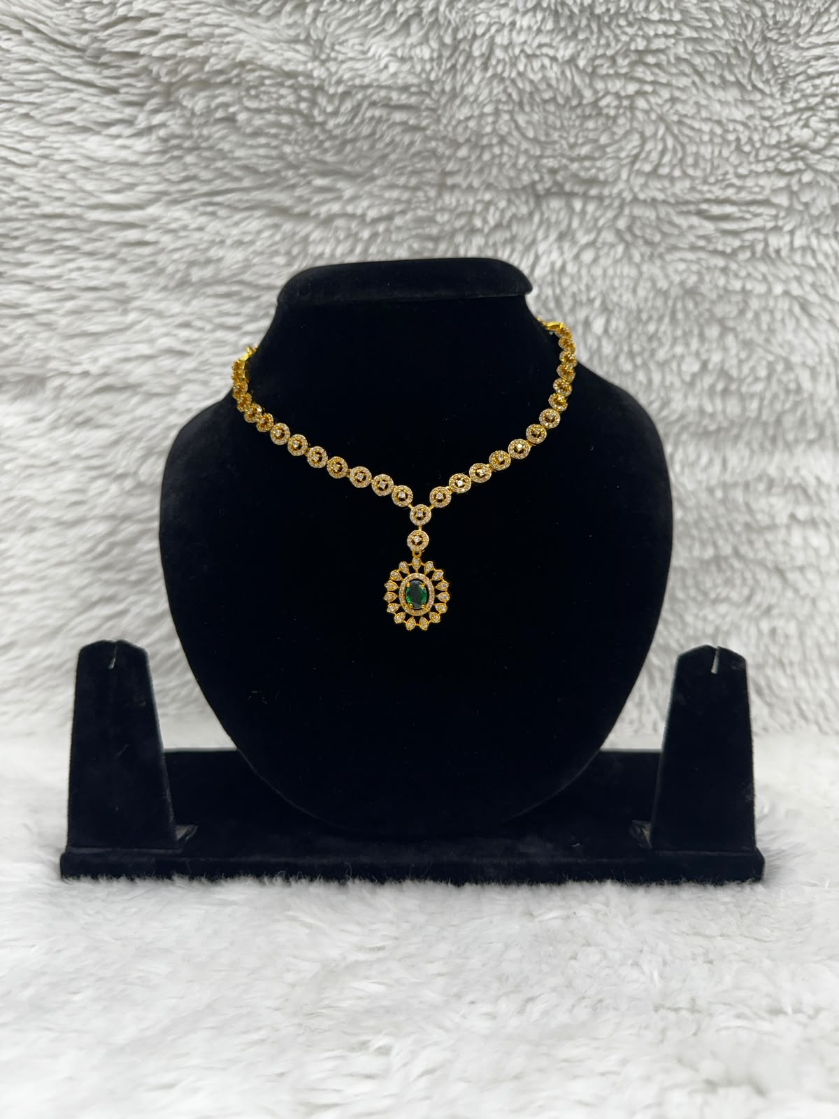 Elegant Gold-Tone Green Stone Necklace & Earring Set- 7469