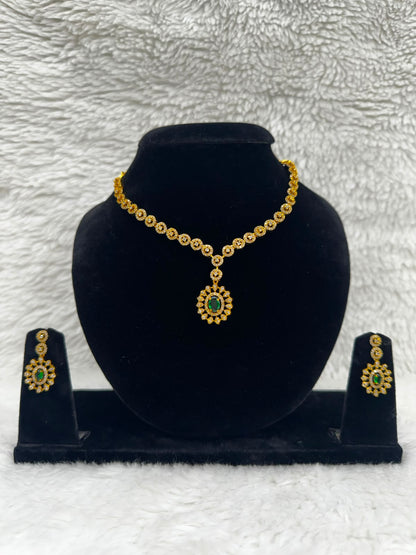 Elegant Gold-Tone Green Stone Necklace & Earring Set- 7469