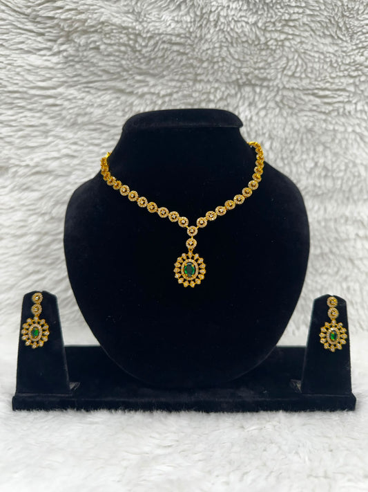 Elegant Gold-Tone Green Stone Necklace & Earring Set- 7469