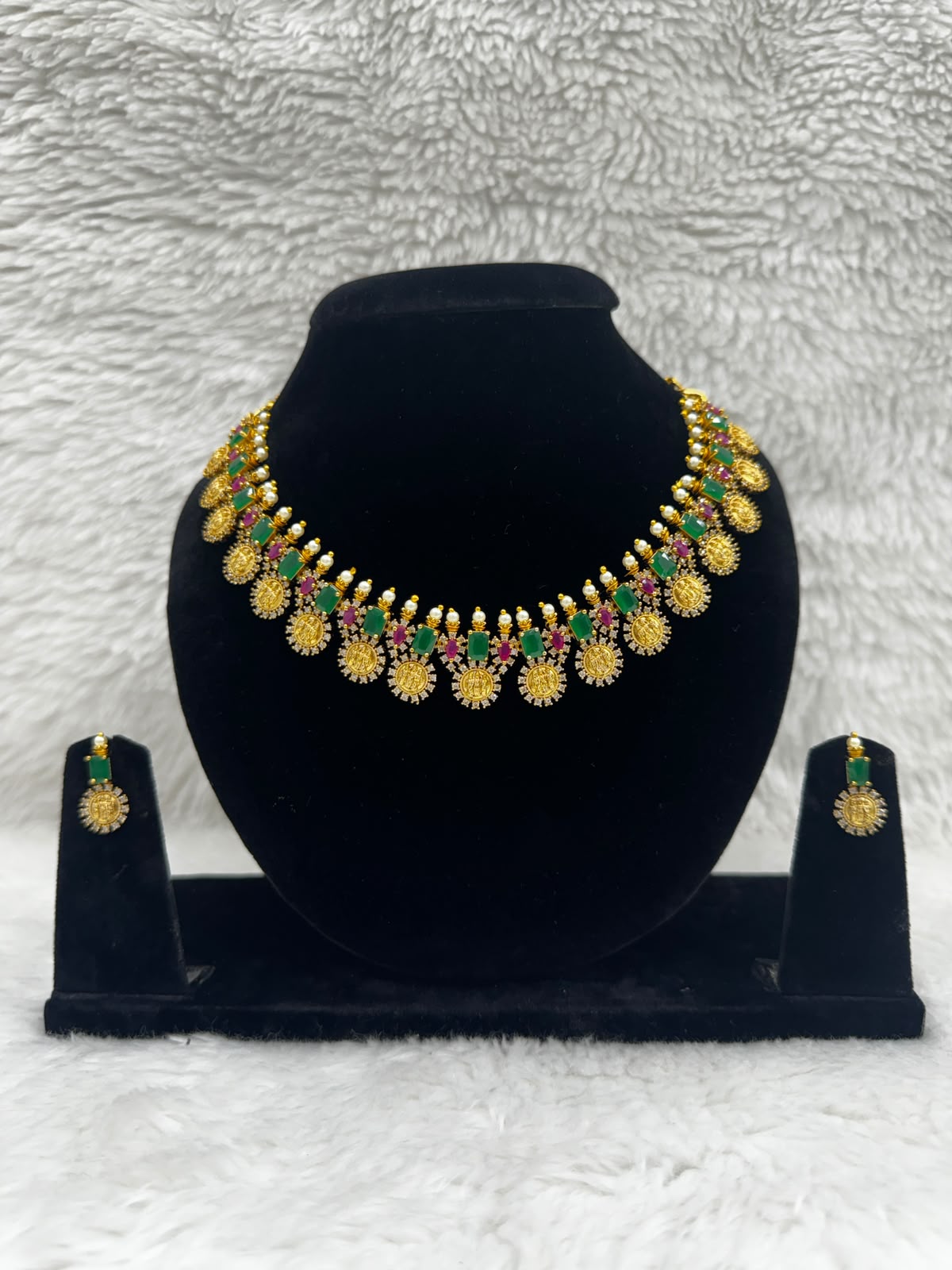Traditional Gold-Tone Green & Pink Stone Necklace Set with Coin Pendant Details- 7487