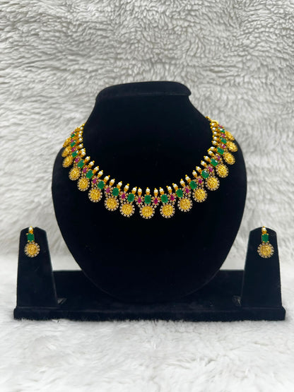 Traditional Gold-Tone Green & Pink Stone Necklace Set with Coin Pendant Details- 7487