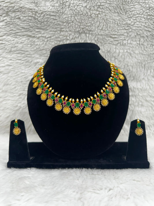 Traditional Gold-Tone Green & Pink Stone Necklace Set with Coin Pendant Details- 7487