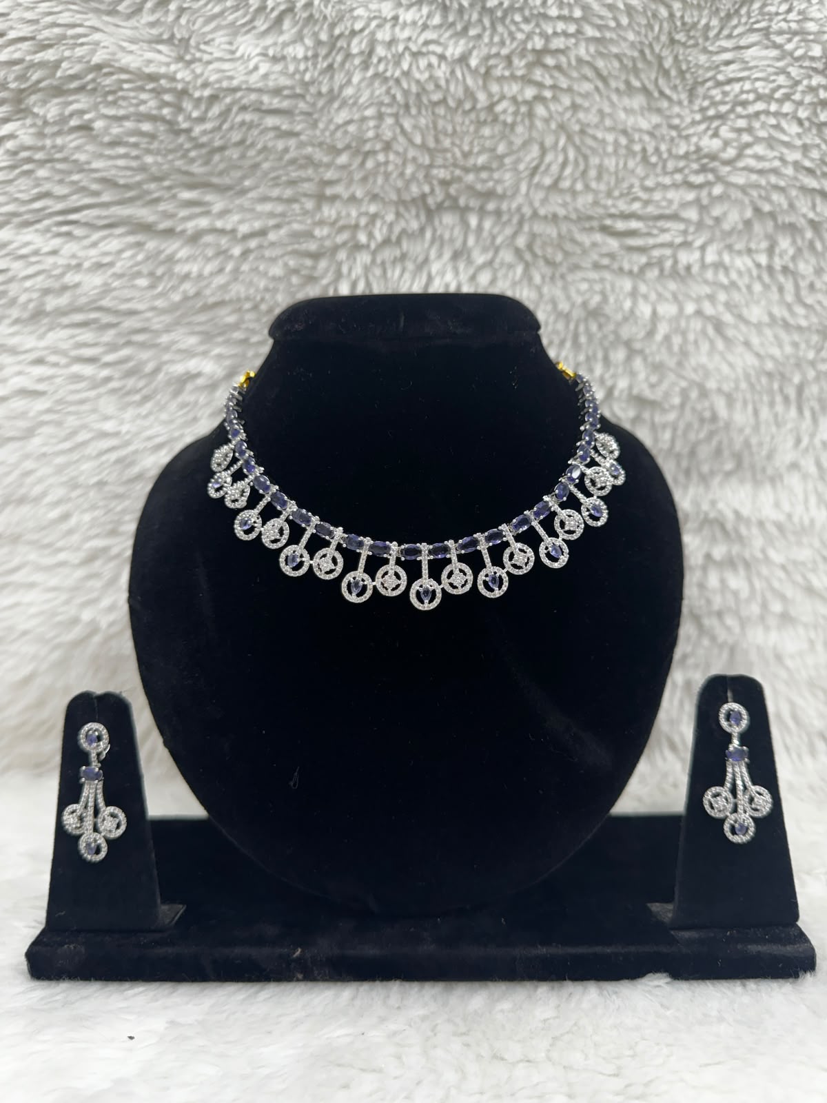 Silver-Tone CZ Necklace & Earrings Set with Purple Stone Accents- 7472