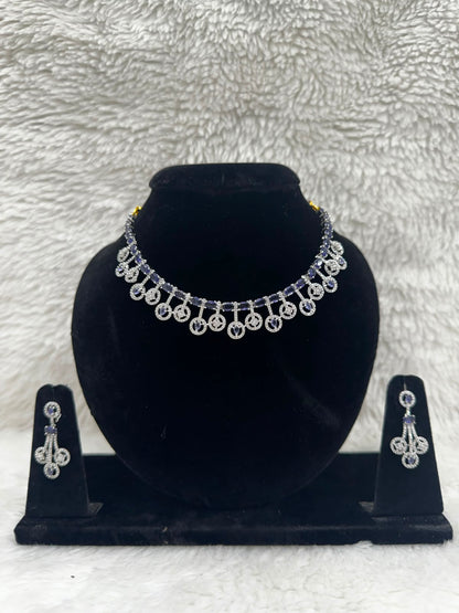Silver-Tone CZ Necklace & Earrings Set with Purple Stone Accents- 7472