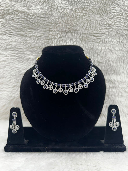 Silver-Tone CZ Necklace & Earrings Set with Purple Stone Accents- 7472