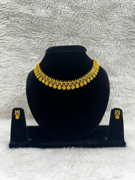 Traditional Gold-Tone Coin Necklace & Earrings Set – Red & Green Stone Design- 7489