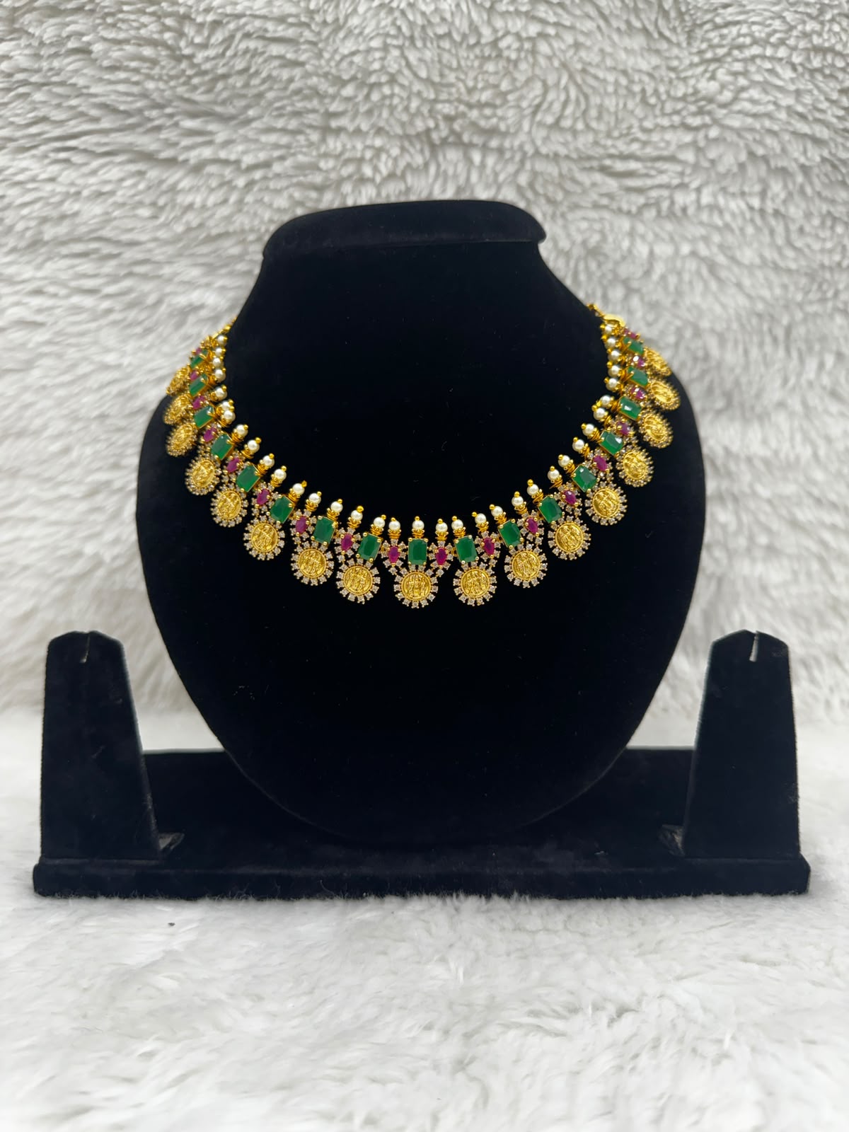 Traditional Gold-Tone Green & Pink Stone Necklace Set with Coin Pendant Details- 7487