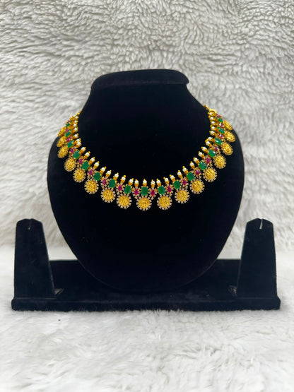 Traditional Gold-Tone Green & Pink Stone Necklace Set with Coin Pendant Details- 7487