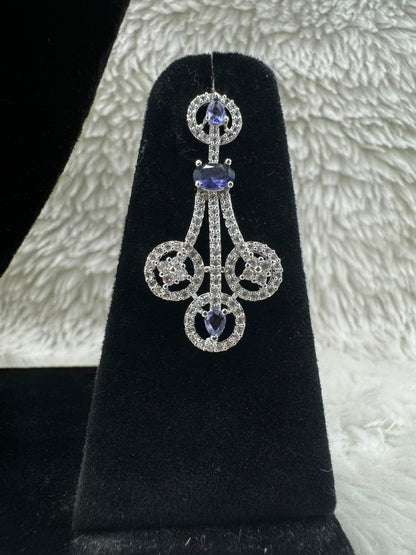 Silver-Tone CZ Necklace & Earrings Set with Purple Stone Accents- 7472