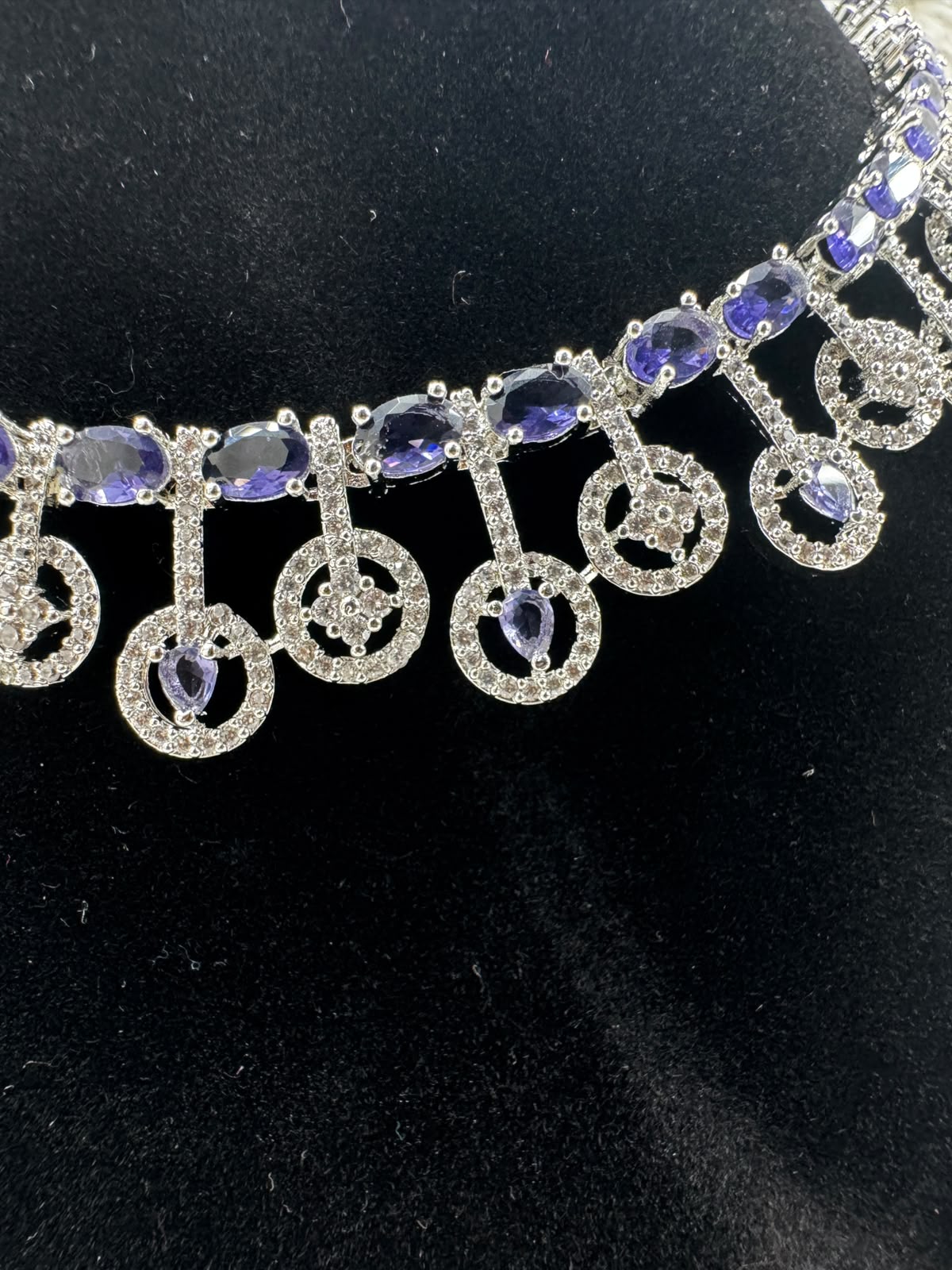 Silver-Tone CZ Necklace & Earrings Set with Purple Stone Accents- 7472