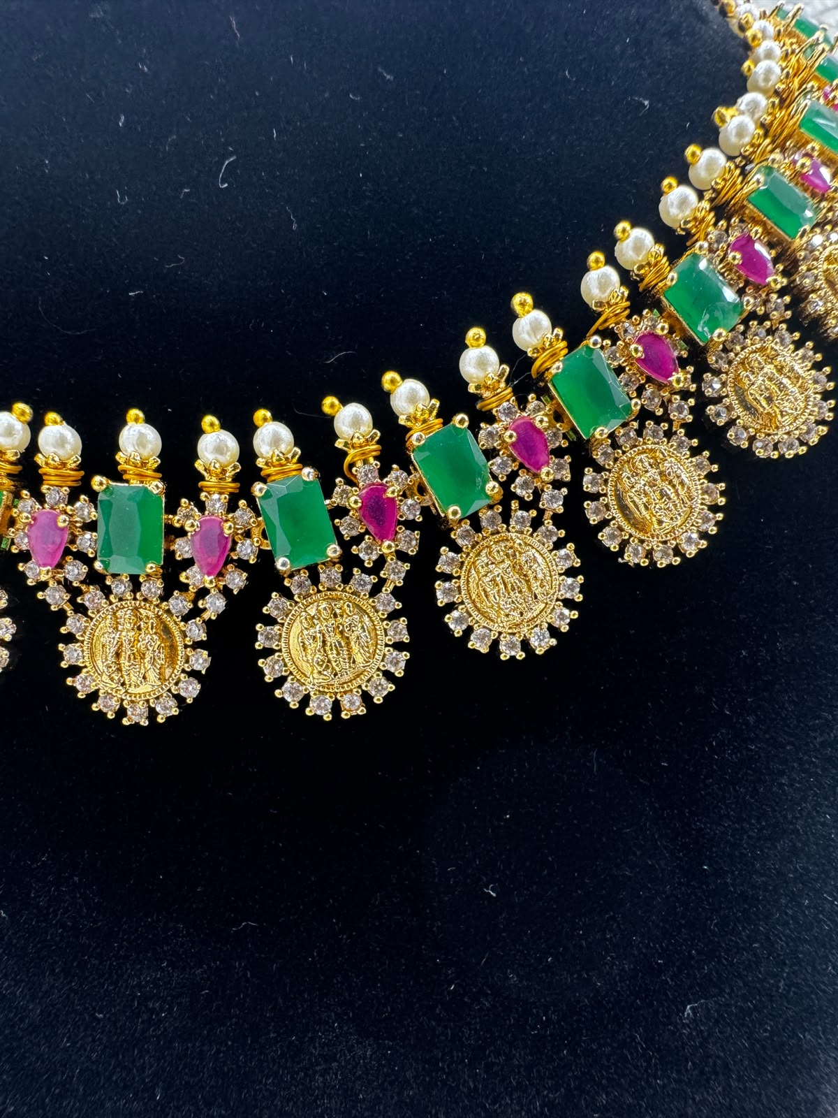 Traditional Gold-Tone Green & Pink Stone Necklace Set with Coin Pendant Details- 7487