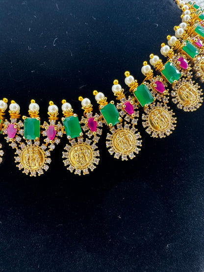 Traditional Gold-Tone Green & Pink Stone Necklace Set with Coin Pendant Details- 7487