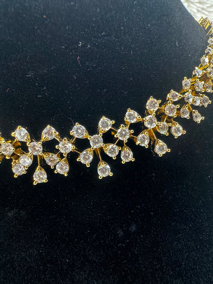 Elegant Gold-Tone Leaf Crystal Necklace & Earring Set-7456