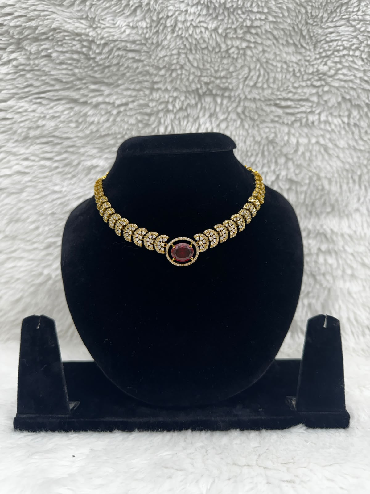 Gold Plated Ruby Red Stone Choker set with AD stones-7455