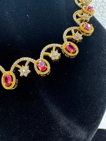 Ruby Elegance Gold-Plated Necklace & Earrings Set- 7471