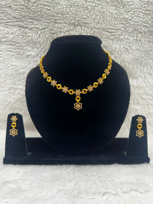Gold Floral AD stone and Earrings st with Whitestone-7458