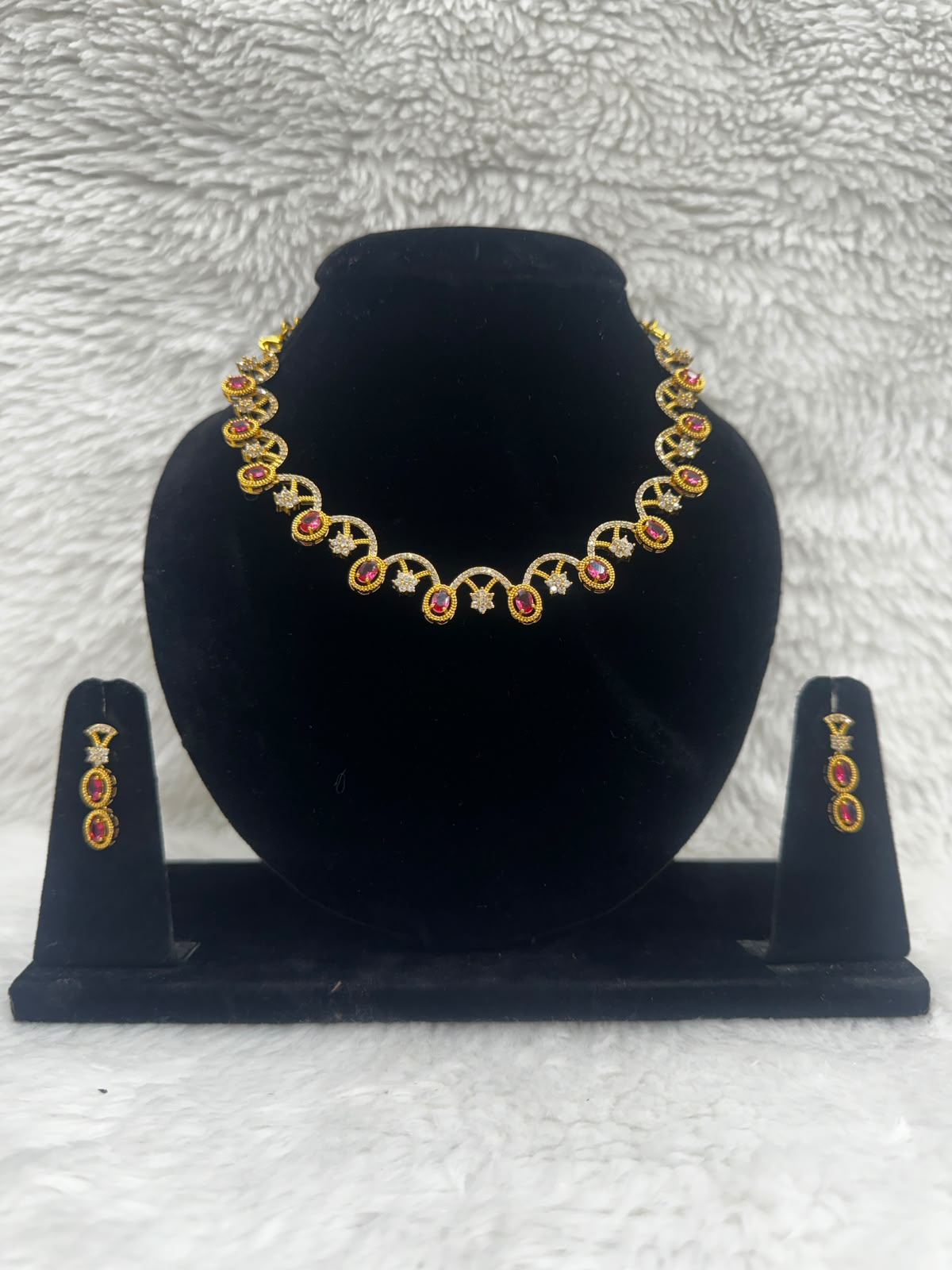 Ruby Elegance Gold-Plated Necklace & Earrings Set- 7471