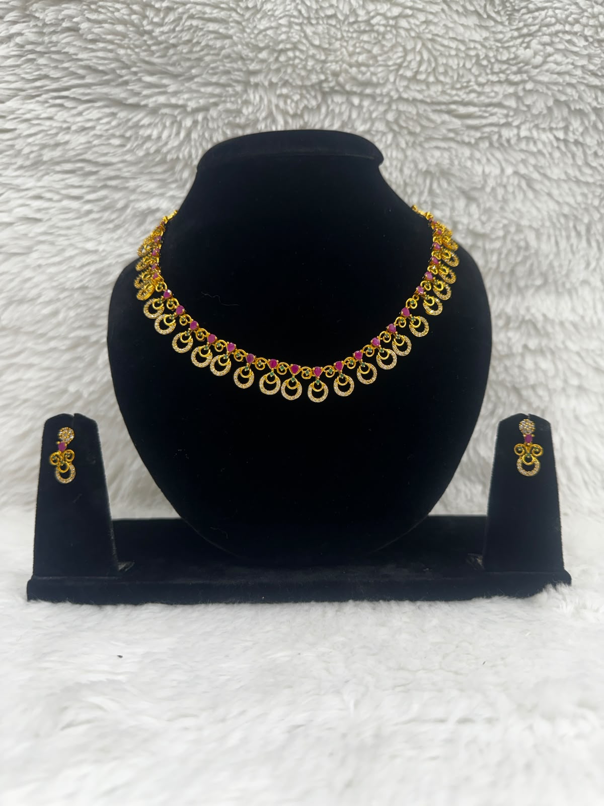 Elegant Gold-Tone Pink Stone Necklace & Earrings Set-7476